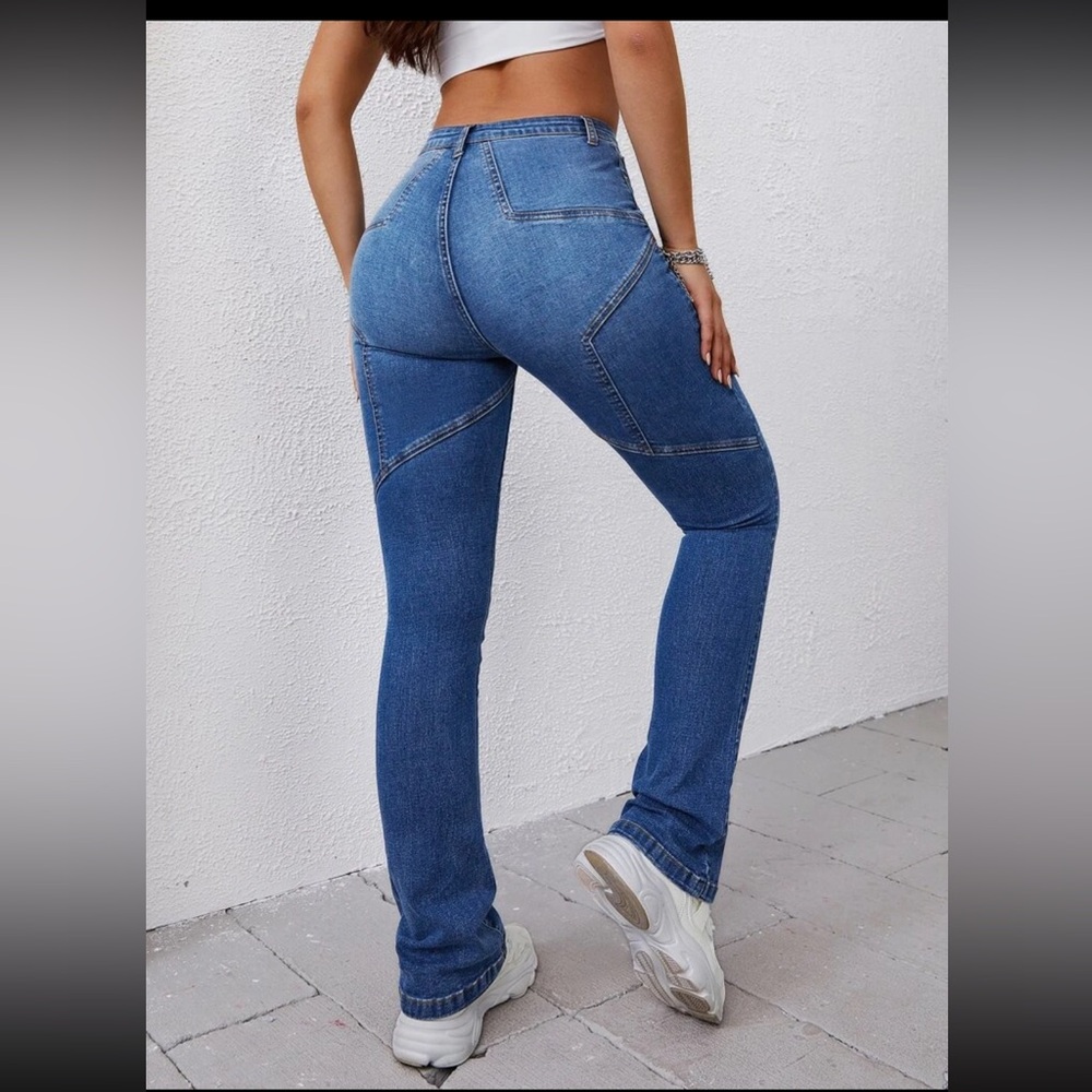 Shein EZwear medium wash flare leg star shape jeans Revolve look alike